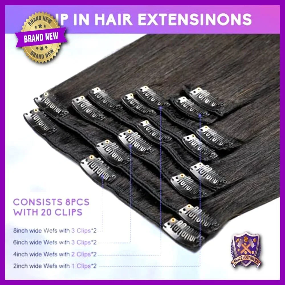 18 Inch Clip In Human Hair Extensions, 100g Straight Remy Hair, 8 Piece Set